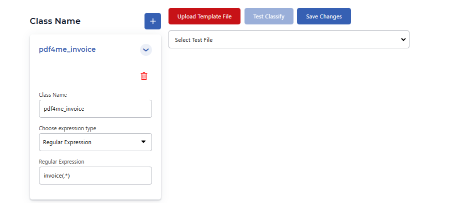 Class configuration: Class Name, Choose expression type (Regular Expression), Regular Expression invoice(.*)